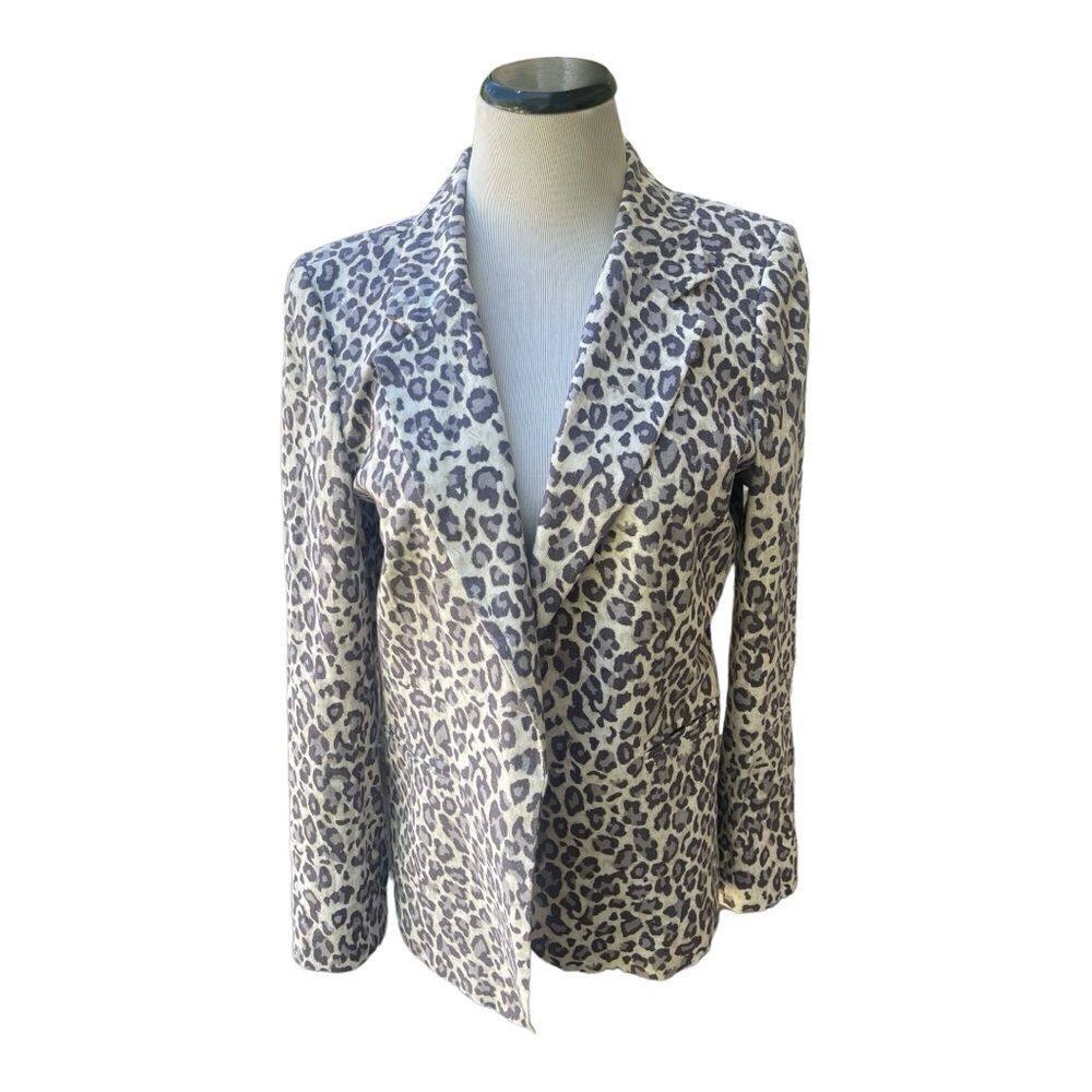 Cynthia Rowley Linen Leopard Print Blazer Jacket Large Career Safari Chic